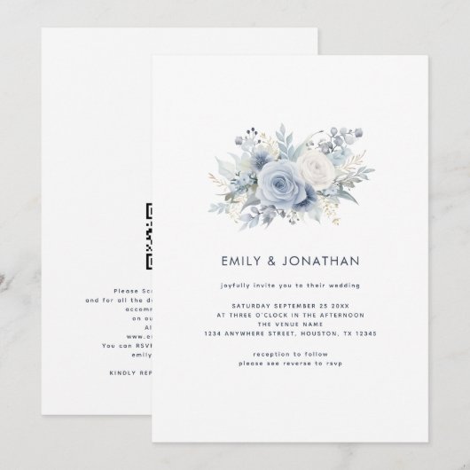 Stoffige Blauwe Bloemen Marine Tekst QR Code Bruil Kaart (Voorkant / Achterkant)