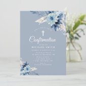 Stoffige blauwe bloemen moderne bevestiging uitnod kaart (Staand voorkant)