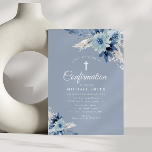 Stoffige blauwe bloemen moderne bevestiging uitnod kaart