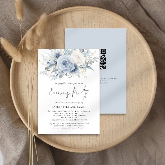 Stoffige Blauwe Bloemen QR Code Huwelijksavond Fee Kaart