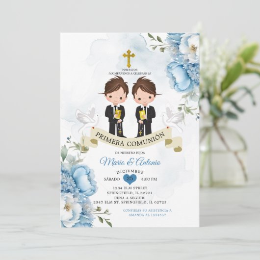 Stoffige blauwe bloemen Spaanse tweeling Primera C Kaart (Staand voorkant)