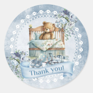 stoffige blauwe bloemen teddy beer baby ronde sticker