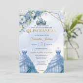 Stoffige blauwe bloemen tweeling prinses jurk quin kaart (Staand voorkant)