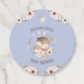 Stoffige blauwe bloemen uil baby meisje douche dan bedankjes labels (Voorkant)