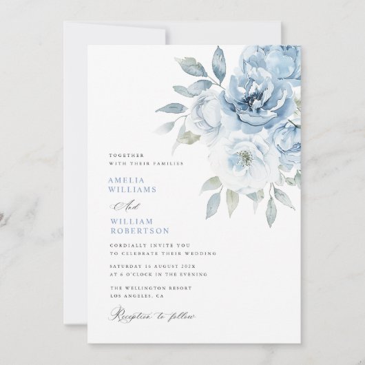 Stoffige blauwe bloemenkalligrafie bruiloft kaart (Voorkant)