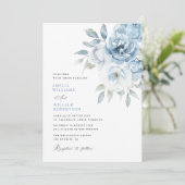 Stoffige blauwe bloemenkalligrafie bruiloft kaart (Staand voorkant)