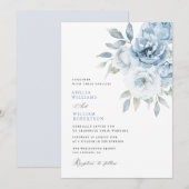 Stoffige blauwe bloemenkalligrafie bruiloft kaart (Voorkant / Achterkant)