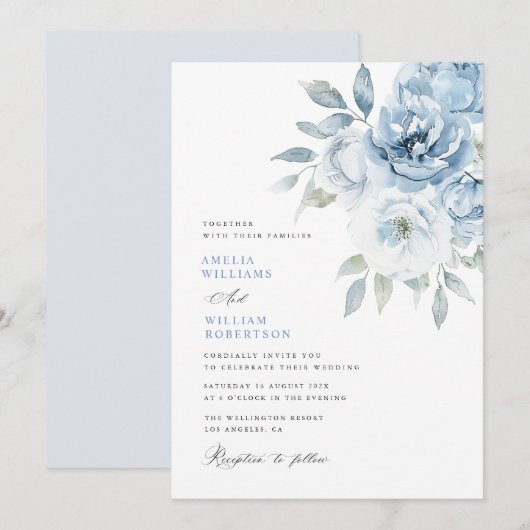 Stoffige blauwe bloemenkalligrafie bruiloft kaart (Voorkant / Achterkant)