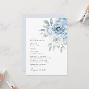 Stoffige blauwe bloemenkalligrafie bruiloft kaart