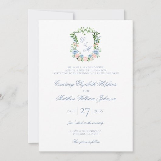 Stoffige blauwe bloemenkam alles in één bruiloft kaart (Voorkant)