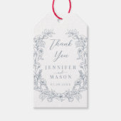 Stoffige blauwe bloemenkrans klassieke bruiloft da cadeaulabel (Voorkant)