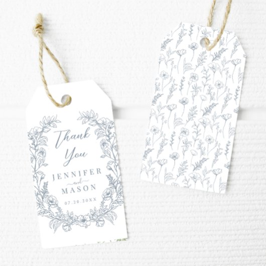 Stoffige blauwe bloemenkrans klassieke bruiloft da cadeaulabel