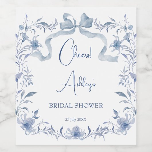 Stoffige blauwe bloemenlint bruiloftsshowerfavorie wijn etiket (Enkel label)
