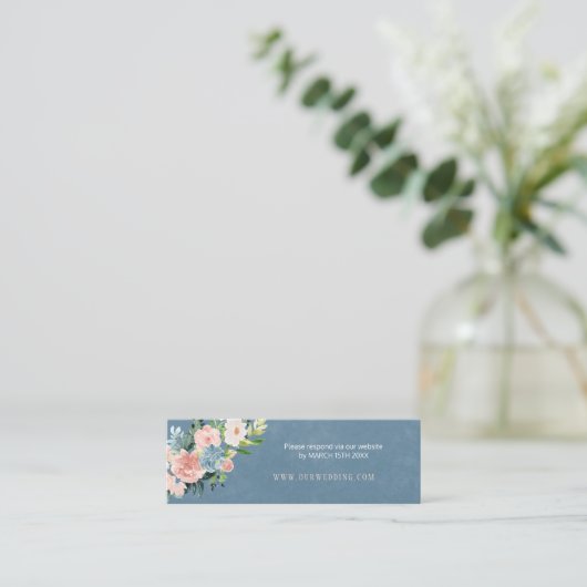 Stoffige blauwe bloemenperzik chique bruiloft webs mini visitekaartje (Staand voorkant)