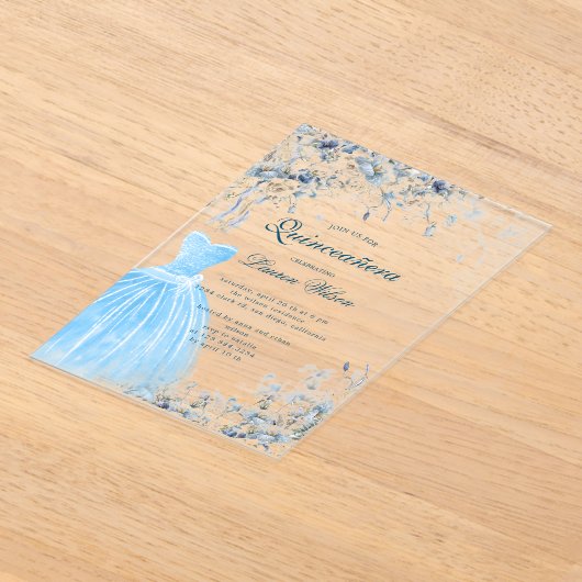 stoffige blauwe bloemenquinceañera uitnodiging (Laagn)