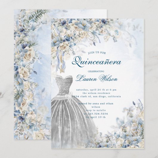 stoffige blauwe bloemenquinceañera uitnodiging (Voorkant / Achterkant)