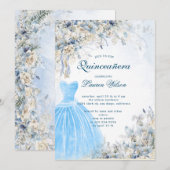 stoffige blauwe bloemenquinceañera uitnodiging (Voorkant / Achterkant)