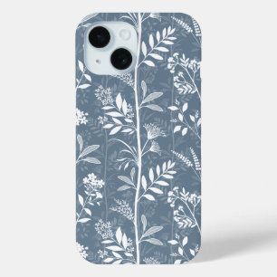 Stoffige Blauwe Bloemensilhouet Tuin iPhone 15 Case