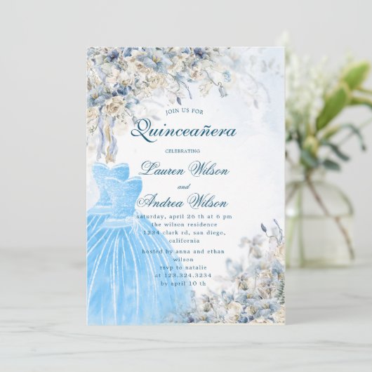 stoffige blauwe bloementweeling Quinceañera Uitnod Kaart (Staand voorkant)