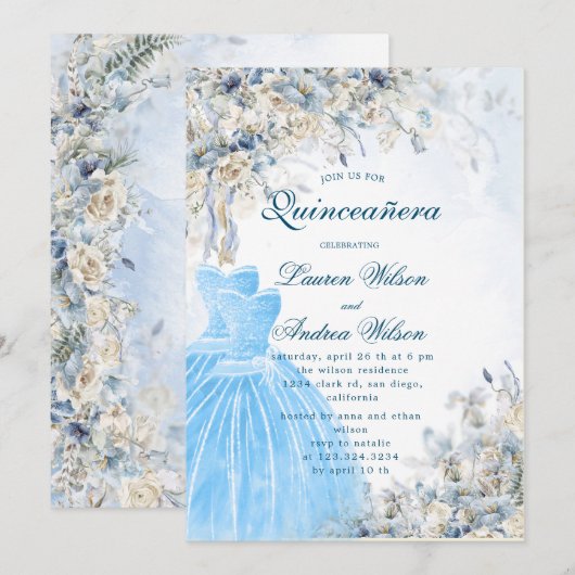 stoffige blauwe bloementweeling Quinceañera Uitnod Kaart (Voorkant / Achterkant)