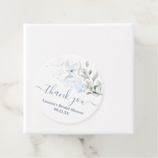 Stoffige blauwe bloemige favorietlabels bedankjes labels (In situ)