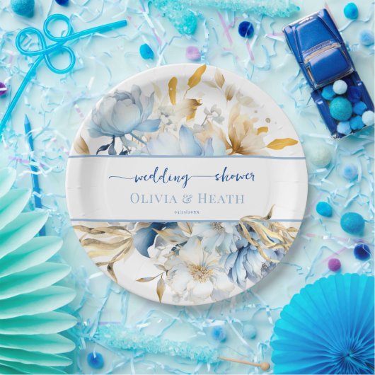 Stoffige Blauwe Bloemige Gouden Koppels Bruiloft Papieren Bordje (Feest)