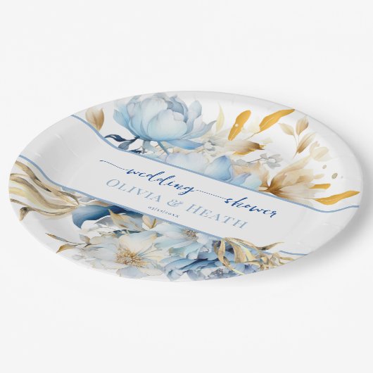 Stoffige Blauwe Bloemige Gouden Koppels Bruiloft Papieren Bordje (Gekanteld)