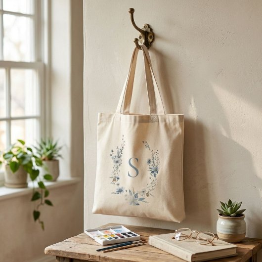 Stoffige Blauwe Bloemige Lente Groene Naam Initiaa Tote Bag
