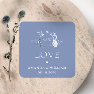 Stoffige Blauwe Bloemige Liefde Trouwsticker met N Vierkante Sticker