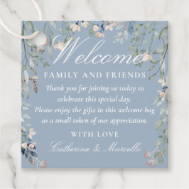 Stoffige blauwe bloemige trouw welkom cadeemand ba bedankjes labels