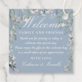 Stoffige blauwe bloemige trouw welkom cadeemand ba bedankjes labels (Achterkant)