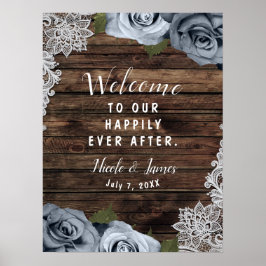 Stoffige Blauwe Bloemrozen Rustieke Houten & Kante Poster