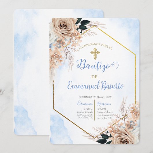 Stoffige blauwe boho doop uitnodiging (Voorkant / Achterkant)