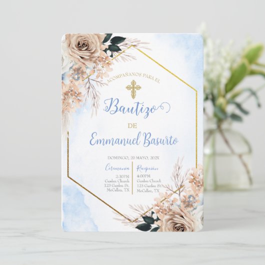 Stoffige blauwe boho doop uitnodiging (Staand voorkant)