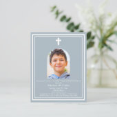 Stoffige blauwe boog foto Eerste Communie uitnodig (Staand voorkant)