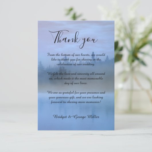 stoffige blauwe bos landschap bruiloft bedankkaart (Staand voorkant)