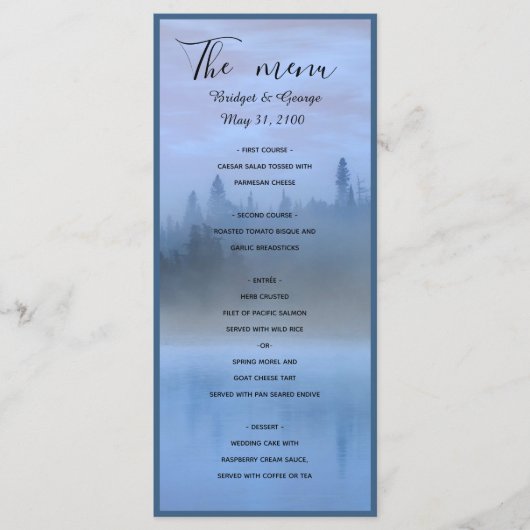 stoffige blauwe bos landschap bruiloft menu (Voorkant)