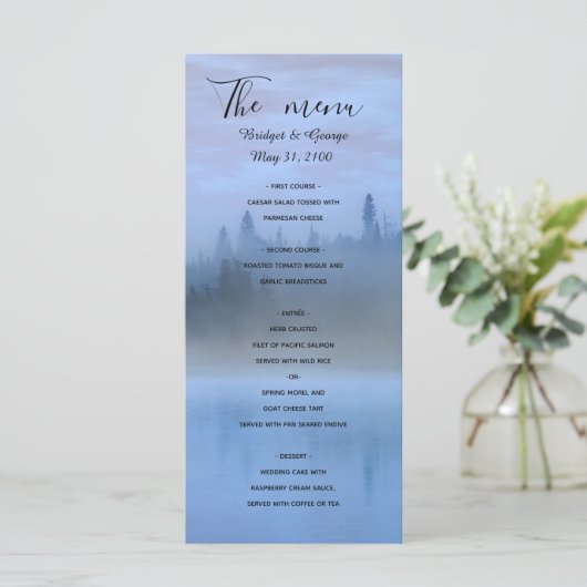 stoffige blauwe bos landschap bruiloft menu (Staand voorkant)