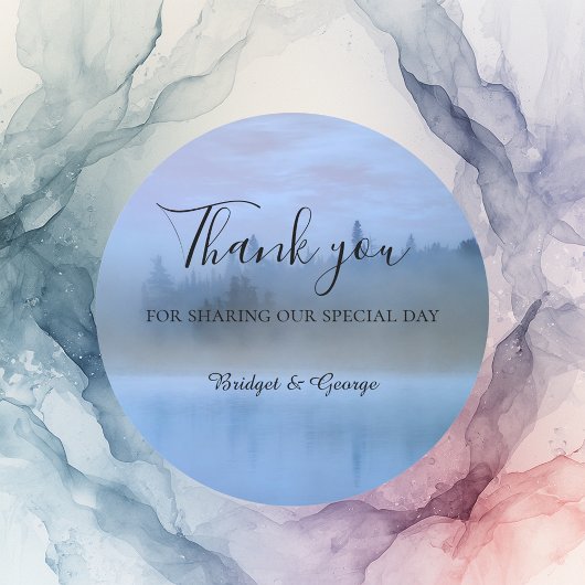 stoffige blauwe bos landschap bruiloft ronde sticker