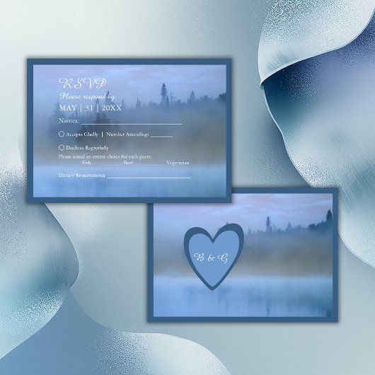 stoffige blauwe bos landschap bruiloft RSVP kaartje