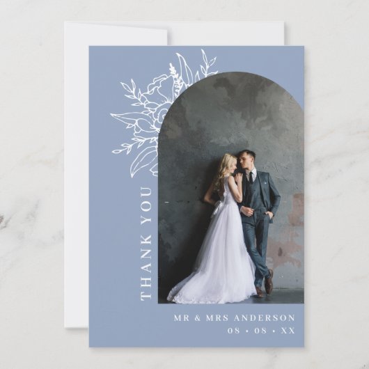 Stoffige Blauwe Botanische Bloemenboog Foto Bruilo Bedankkaart (Voorkant)