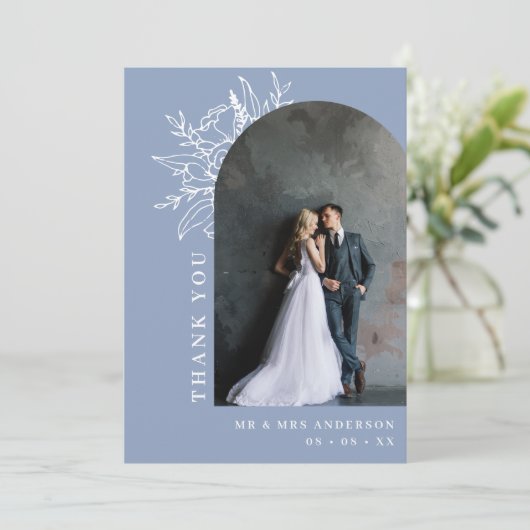 Stoffige Blauwe Botanische Bloemenboog Foto Bruilo Bedankkaart (Staand voorkant)