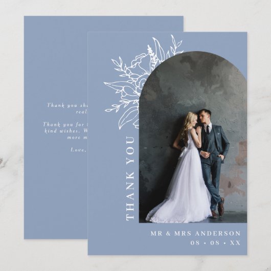 Stoffige Blauwe Botanische Bloemenboog Foto Bruilo Bedankkaart (Voorkant / Achterkant)