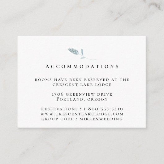 Stoffige Blauwe Botanische Trouwaccommodaties Informatiekaartje (Voorkant)