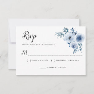 stoffige blauwe bruiloft bloemen RSVP kaart