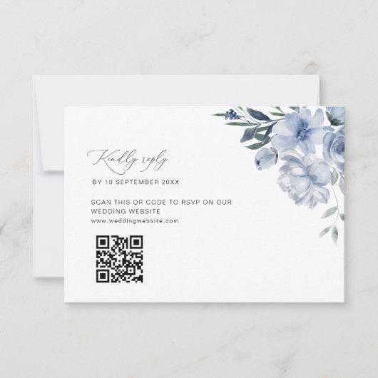 stoffige blauwe bruiloft QR code RSVP kaart (Voorkant)