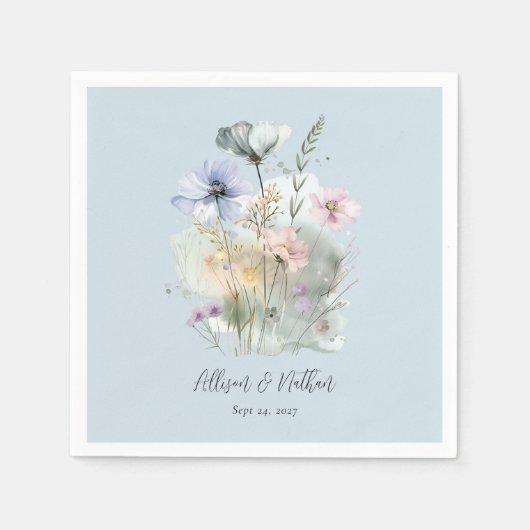 Stoffige Blauwe Bruiloft Servetten met Blozen Wild (Voorkant)
