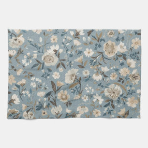 Stoffige Blauwe Bruine Crème Cottage Bloemmotief Theedoek
