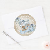 stoffige blauwe en bruine bloemen tedy beer ronde sticker (Envelop)