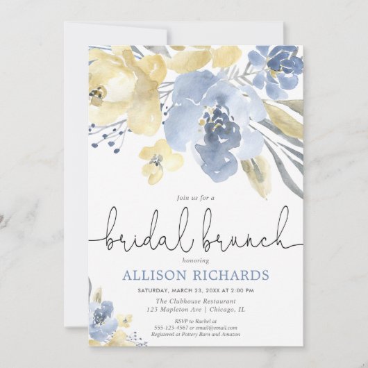 Stoffige blauwe en gele bloemen bruids brunch douc kaart (Voorkant)